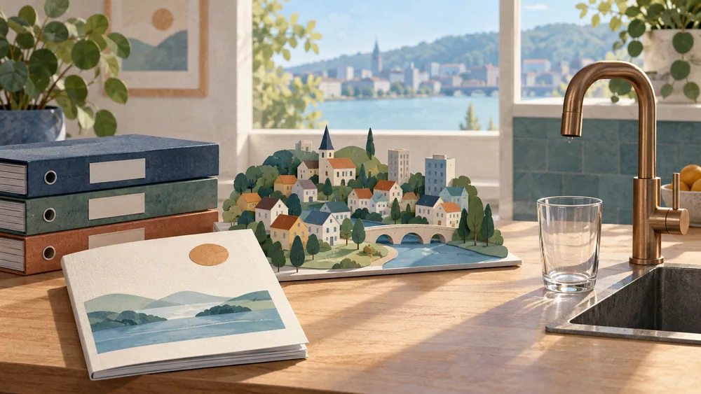 Illustration of blank folders and a booklet beside a paper neighbourhood model, a tap and an empty glass.