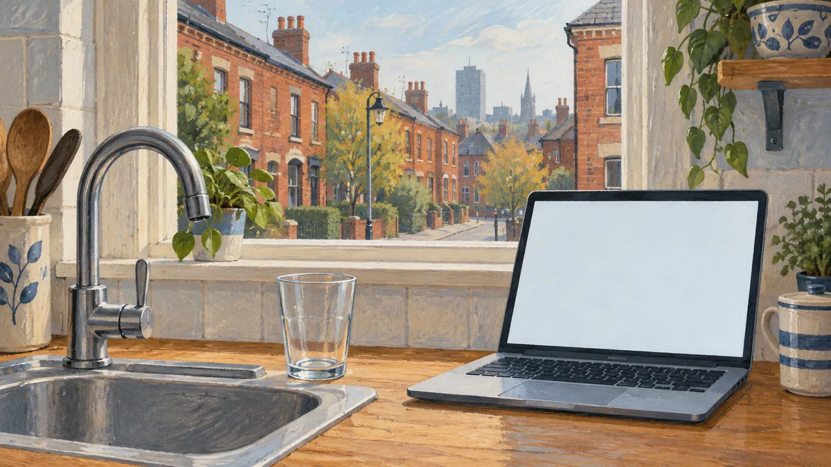 A kitchen tap, glass and blank laptop screen beside an imagined red-brick street.