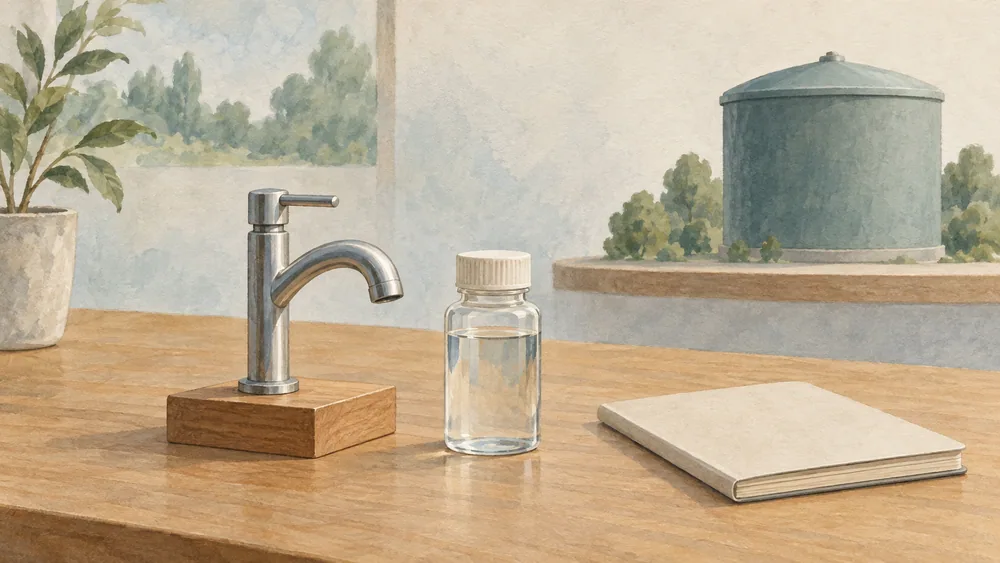 A miniature tap, a capped bottle and a notebook beside a separate covered-tank model.