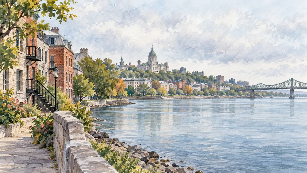 Painted river and an imagined city with stone buildings and outdoor staircases.