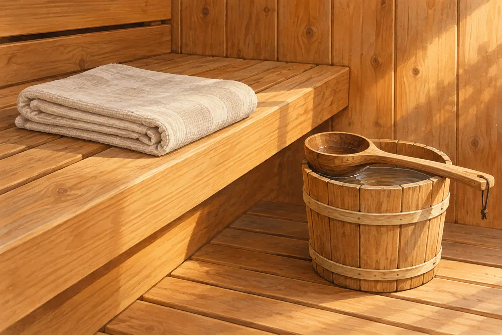 Illustration of a wooden water bucket and ladle beside a folded towel on a sauna bench.