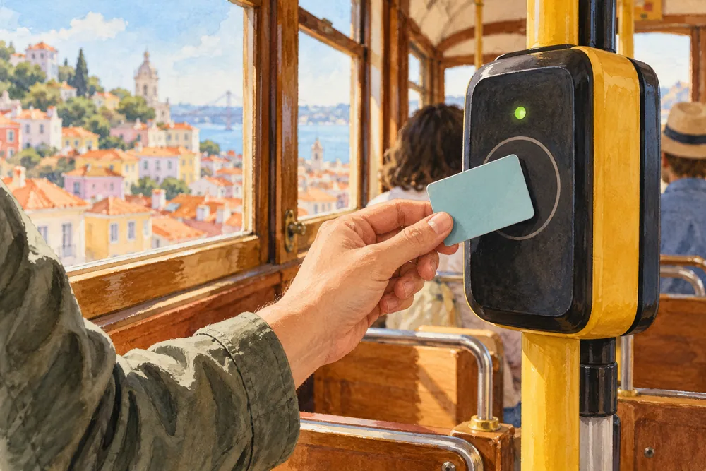 Hand holding a plain travel card close to an illustrated tram reader with a green light.