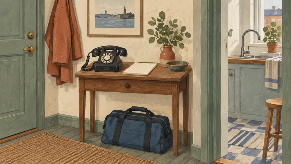 A telephone, blank notepad and closed tool bag in a fictional apartment.