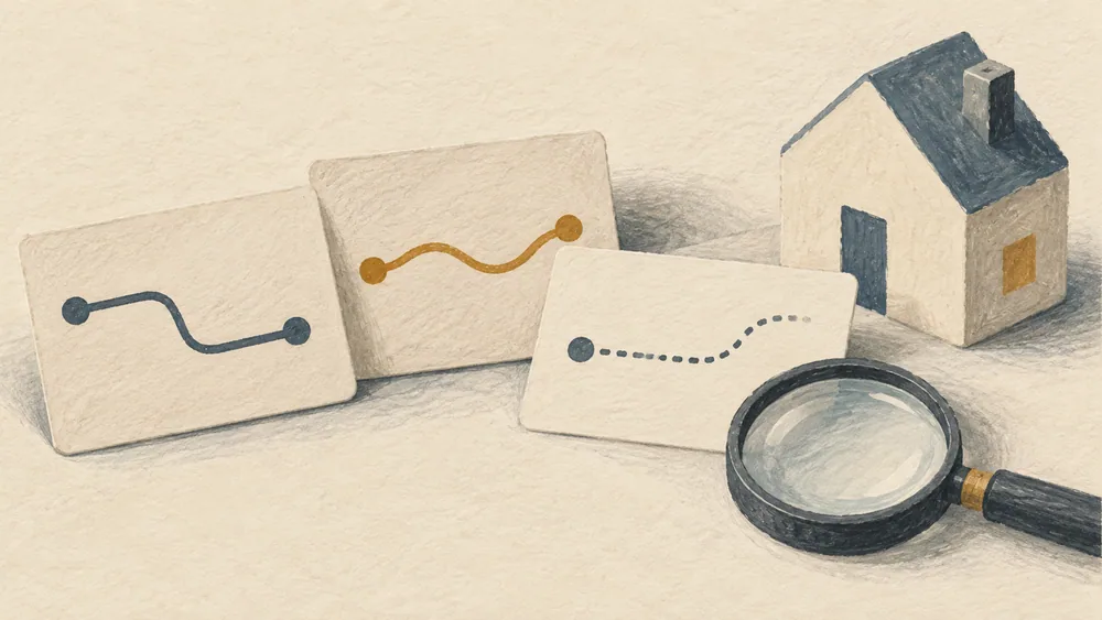 Plain record cards with solid and dotted line motifs beside a house model.