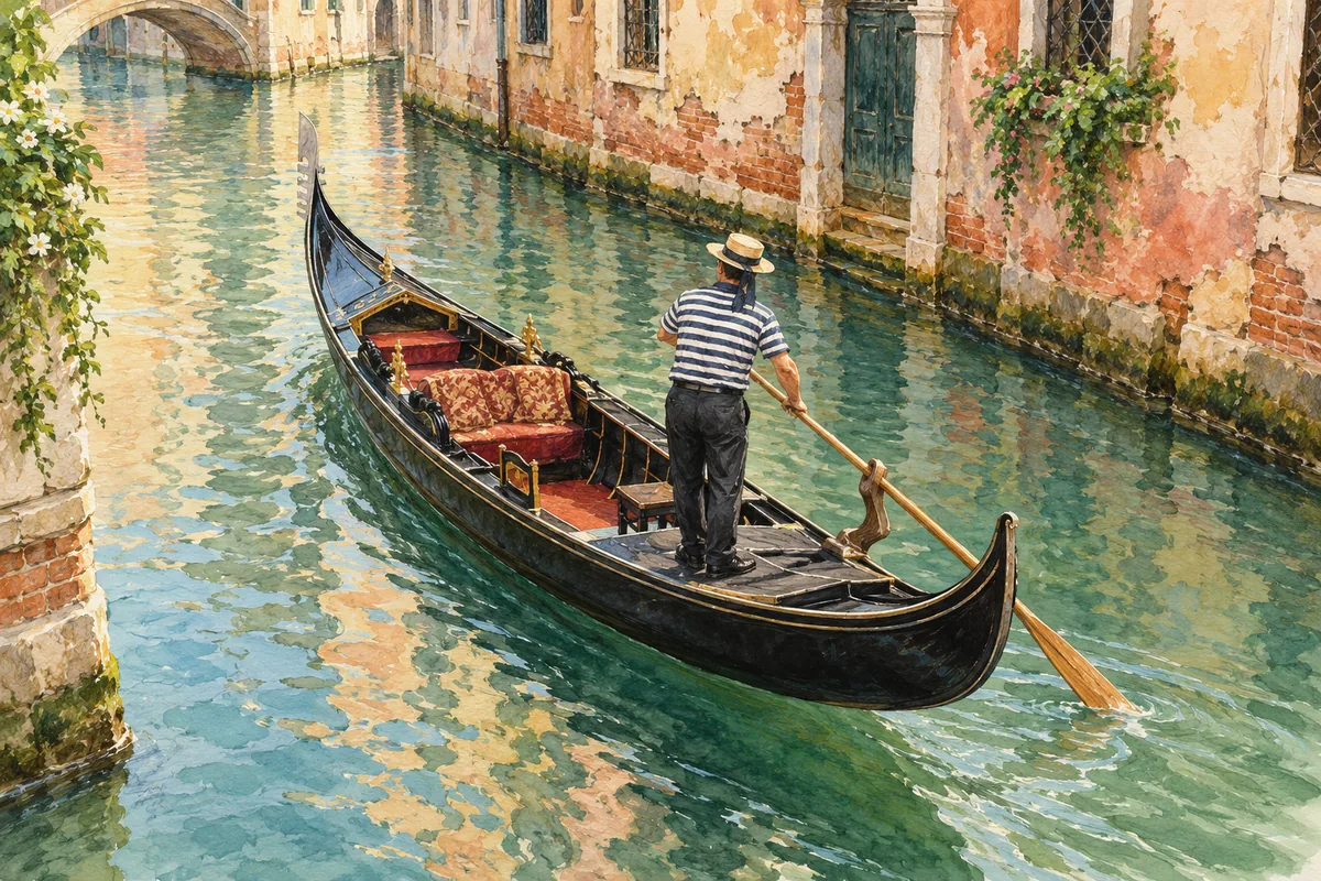 Watercolor illustration of a gondolier using one oar on the right side of a black gondola.
