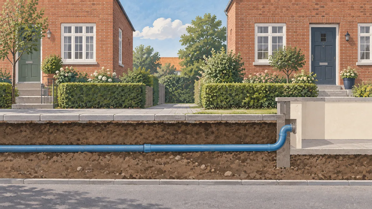 Two fictional brick homes with a cutaway glimpse of an incoming pipe.