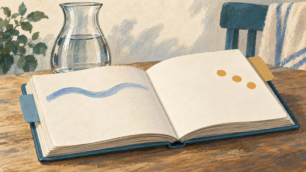 Generated illustration of separate wave and dot marks on an open booklet beside a glass carafe.