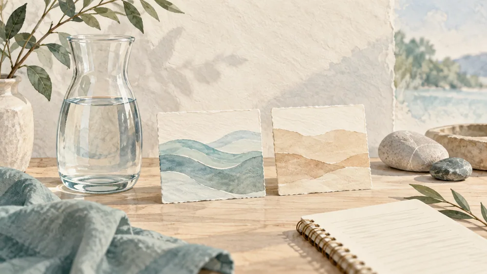 Two colored paper cards stand beside a carafe and small stones.
