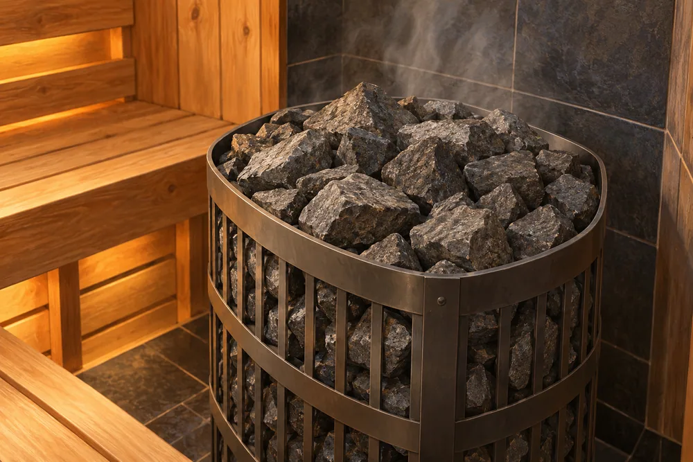 Illustrated close-up of dark stones inside an unbranded sauna heater.