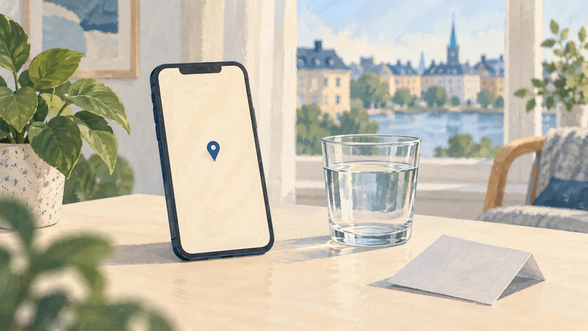A phone with an unmarked location pin beside a glass of water.
