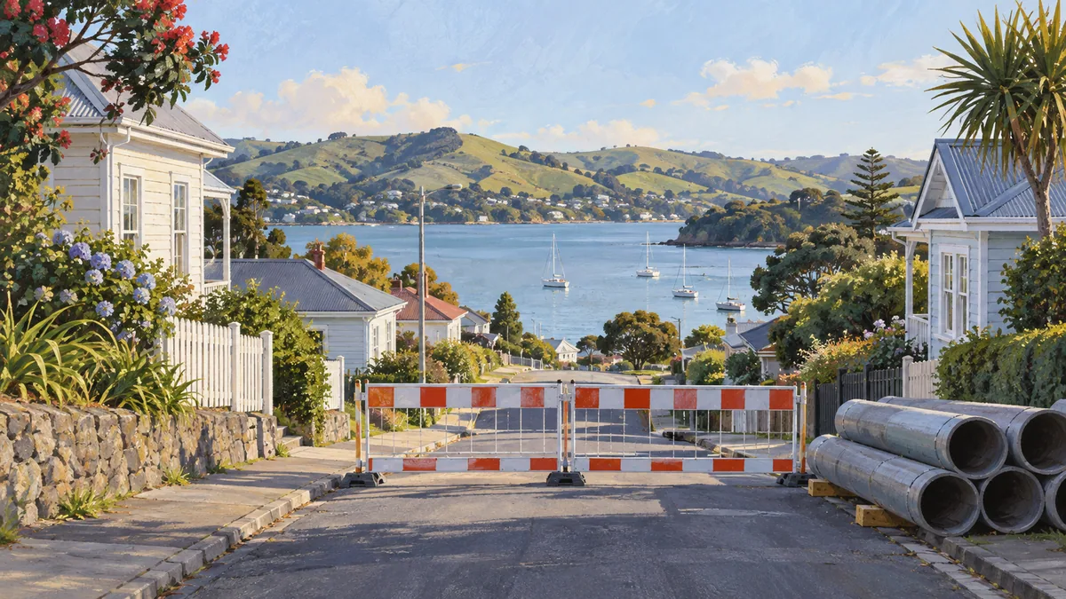 Maintenance barrier and loose pipe sections in a fictional harbour-neighbourhood street.