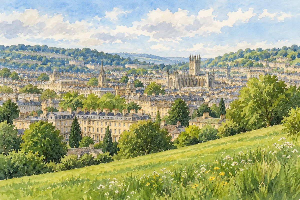 Illustrated Bath skyline beyond a sloping green field, with an abbey tower among pale stone buildings.