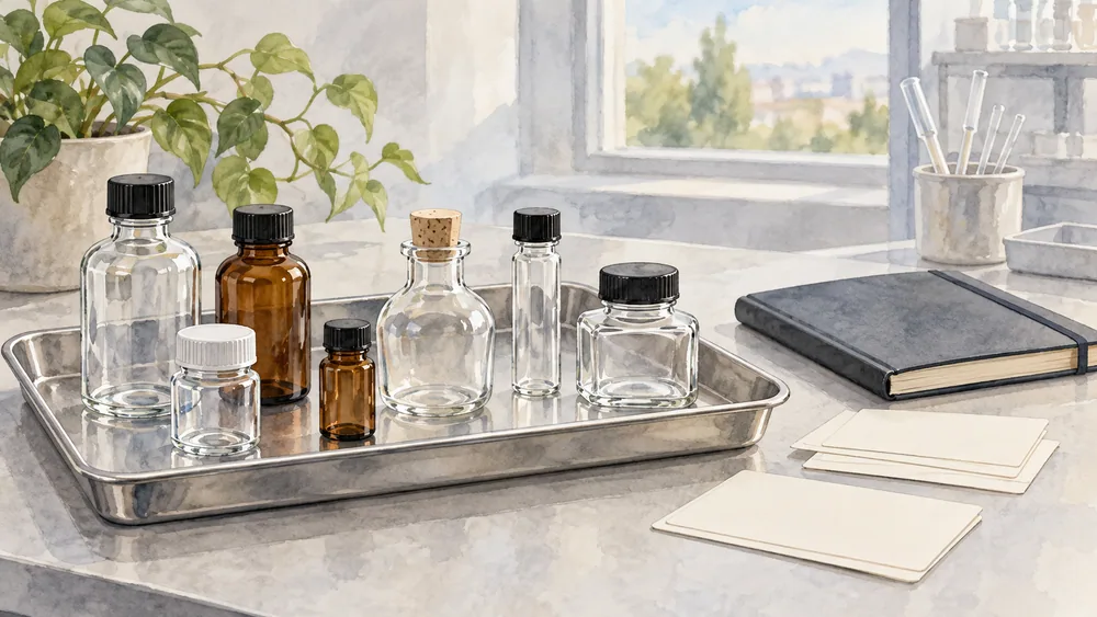 Illustration of unlabelled clear and amber bottles on a tray beside blank record cards.