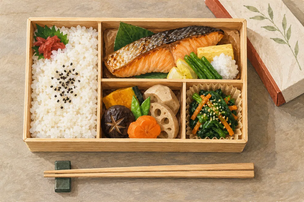 Overhead illustration of a compartmented bento with rice, grilled fish and vegetables.