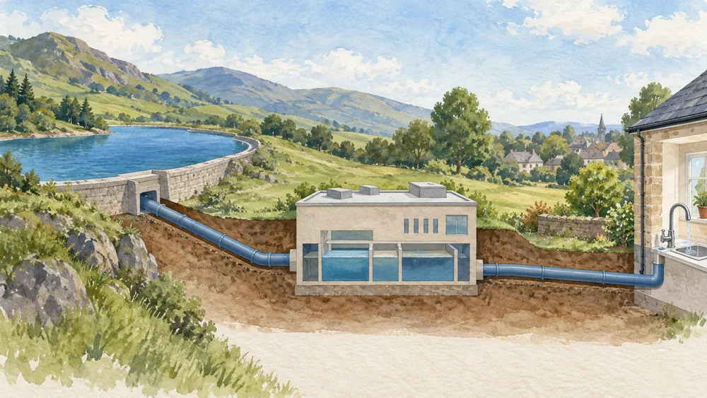 A conceptual cutaway connects an upland reservoir, a generic treatment building and a domestic tap.