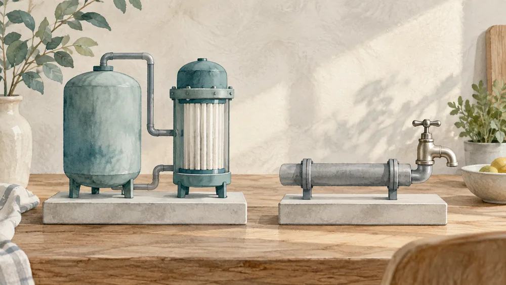A tank-and-filter model sits separately from a plain pipe segment and a small tap.