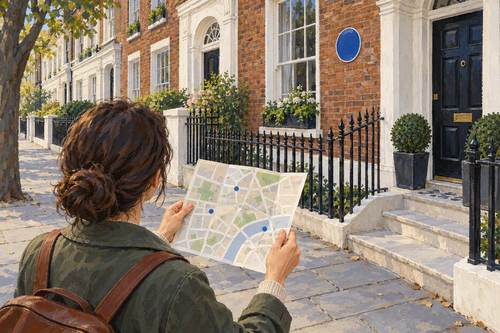 A visitor stands on the pavement holding a map with three blue points outside imagined London houses.