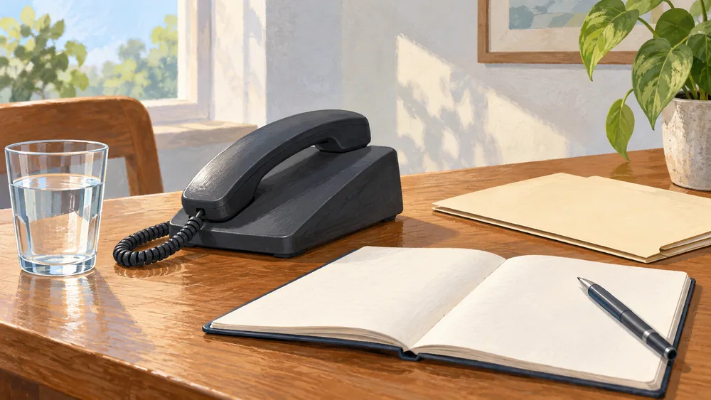 Unmarked telephone, blank notebook, cream folder and drinking glass on a wooden desk.
