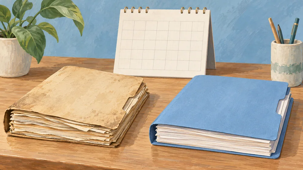 Old beige papers and a blue folder beside a blank calendar.