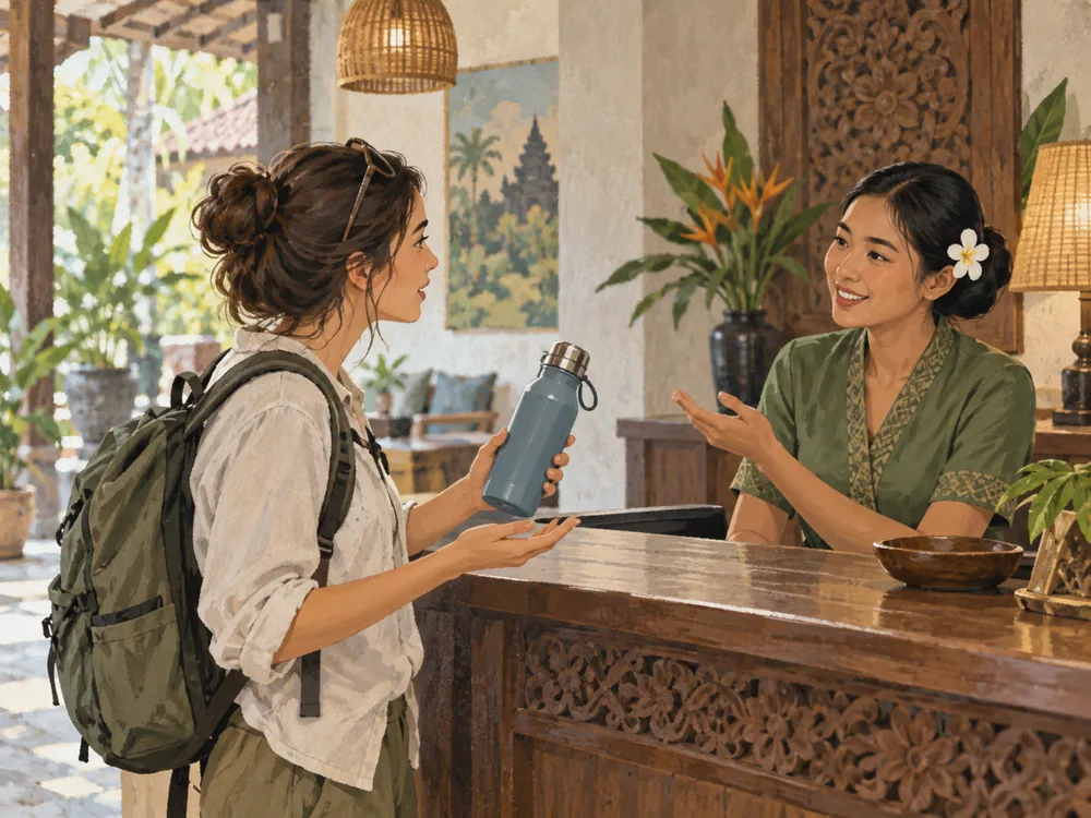 Illustrated traveler and accommodation receptionist discussing a bottle in a generic Southeast Asian interior.