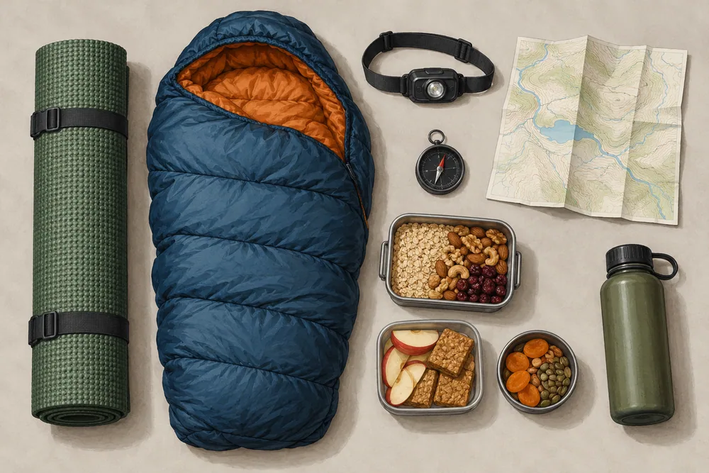 Illustrated flat lay of a sleeping mat and bag, headtorch, map, compass, food containers and a water bottle.