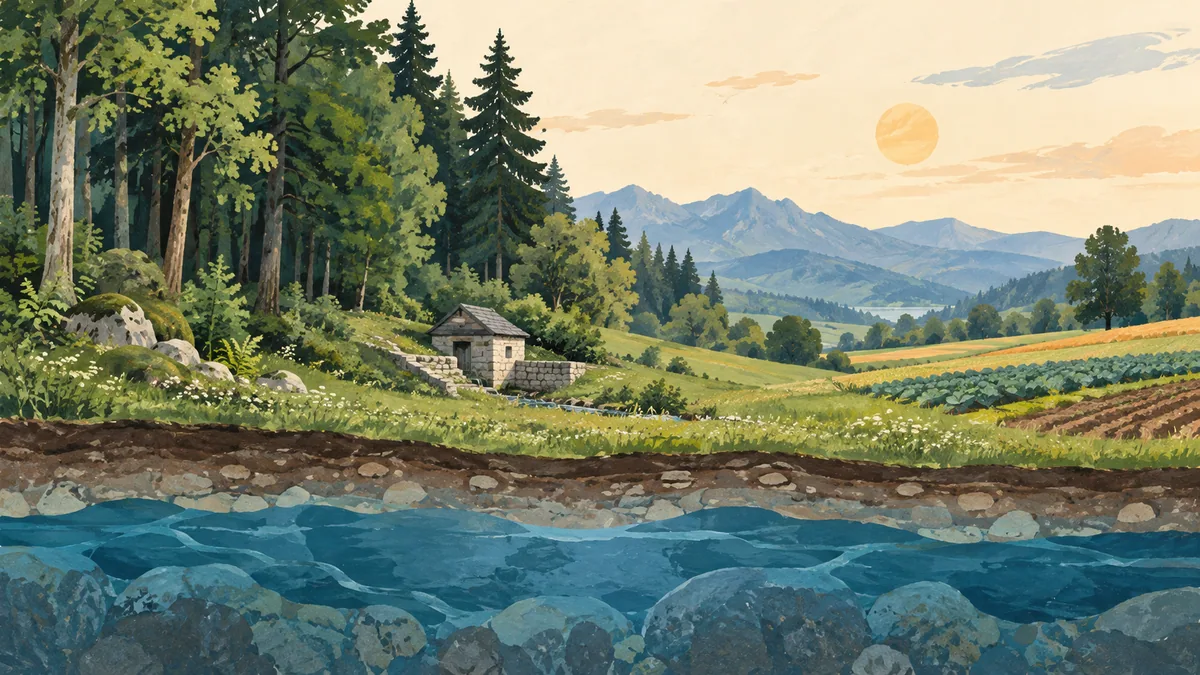 Woodland and cultivated fields above an imagined underground water layer.