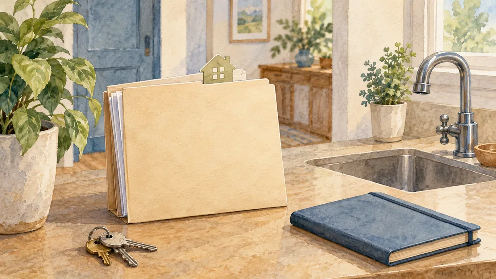A fictional building folder and keys sit beside a closed tap.
