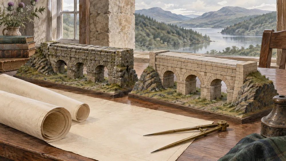 Two separate covered stone-conduit models beside rolled blank plans and a brass divider.