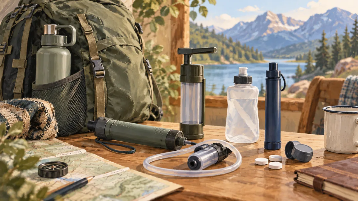 Illustration of a travel bag, reusable bottle and unbranded water-treatment devices arranged on a wooden packing table.