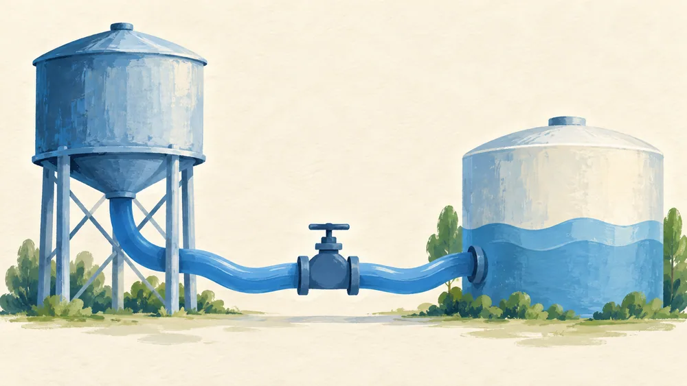 Two simplified storage tanks connected by a blue pipe and valve.