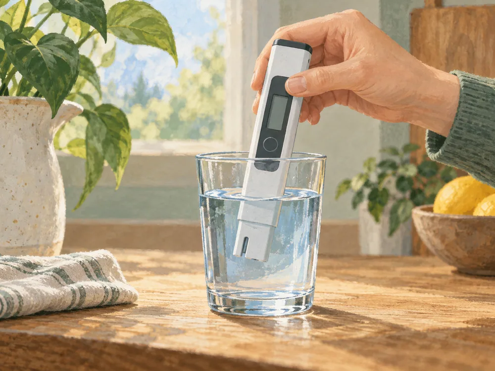 Illustrated close-up of an unbranded TDS meter dipping into a glass, with no readable result on its display.
