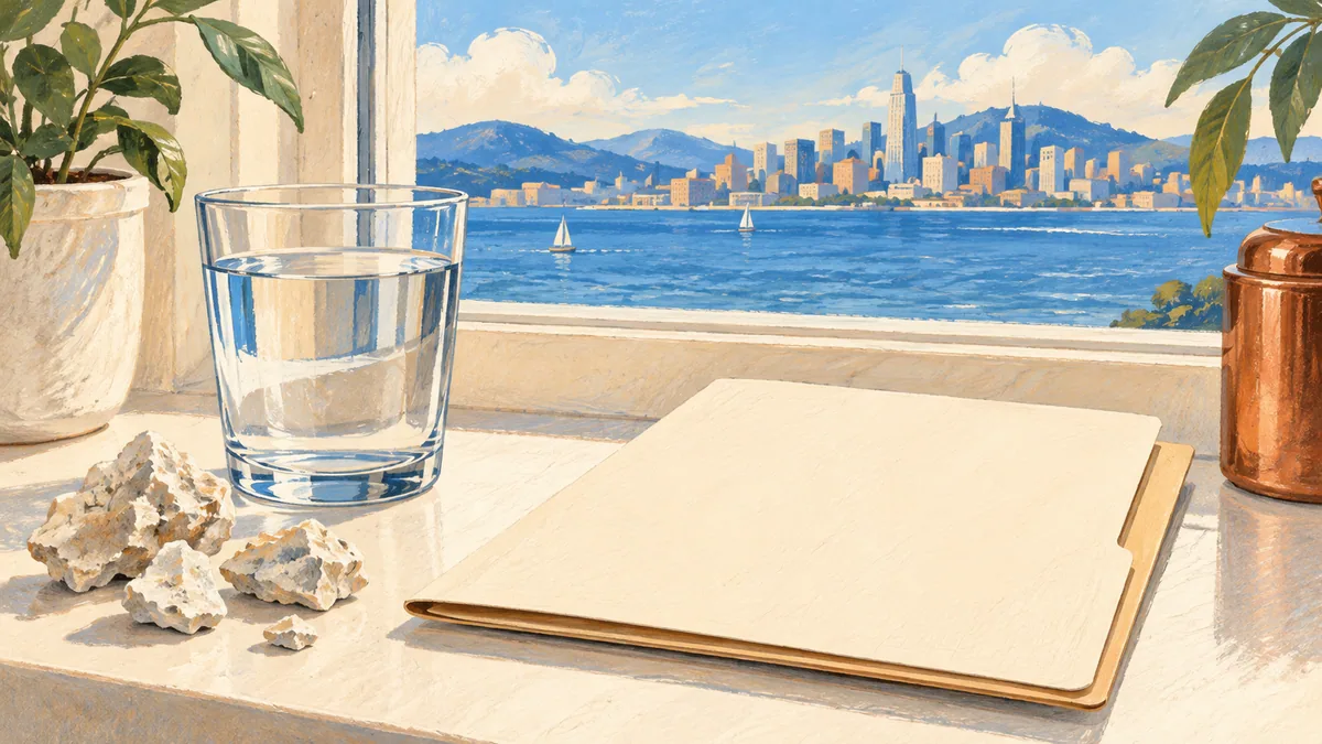 Illustration of a drinking glass, pale stones and a blank folder with a fictional city across the water.