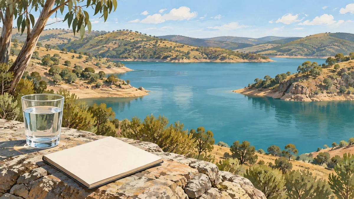 Illustrated reservoir among low hills, with a water glass and blank notebook on a foreground stone ledge.