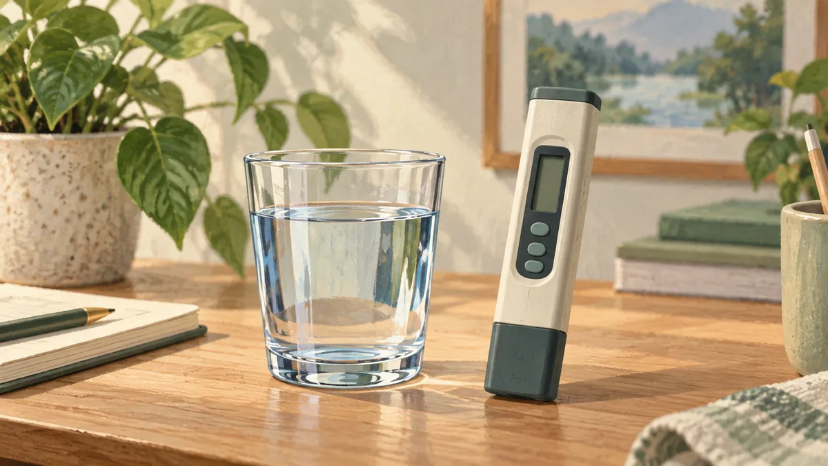 Illustration of a generic handheld TDS meter with an unreadable display beside a glass of water on a desk.