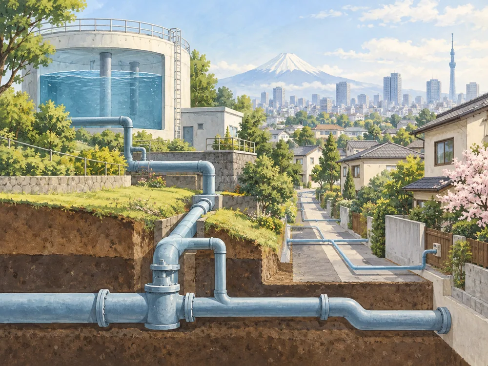 Conceptual city-water scene with distribution pipes, a storage tank and nearby homes in an illustrated landscape.