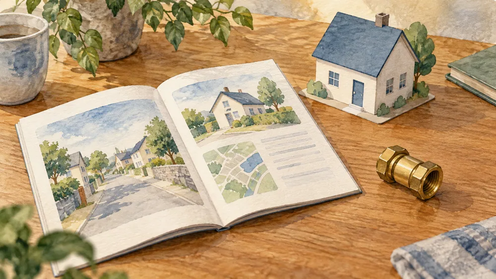 A small house model, brass fitting and illustrated booklet lie on a desk.
