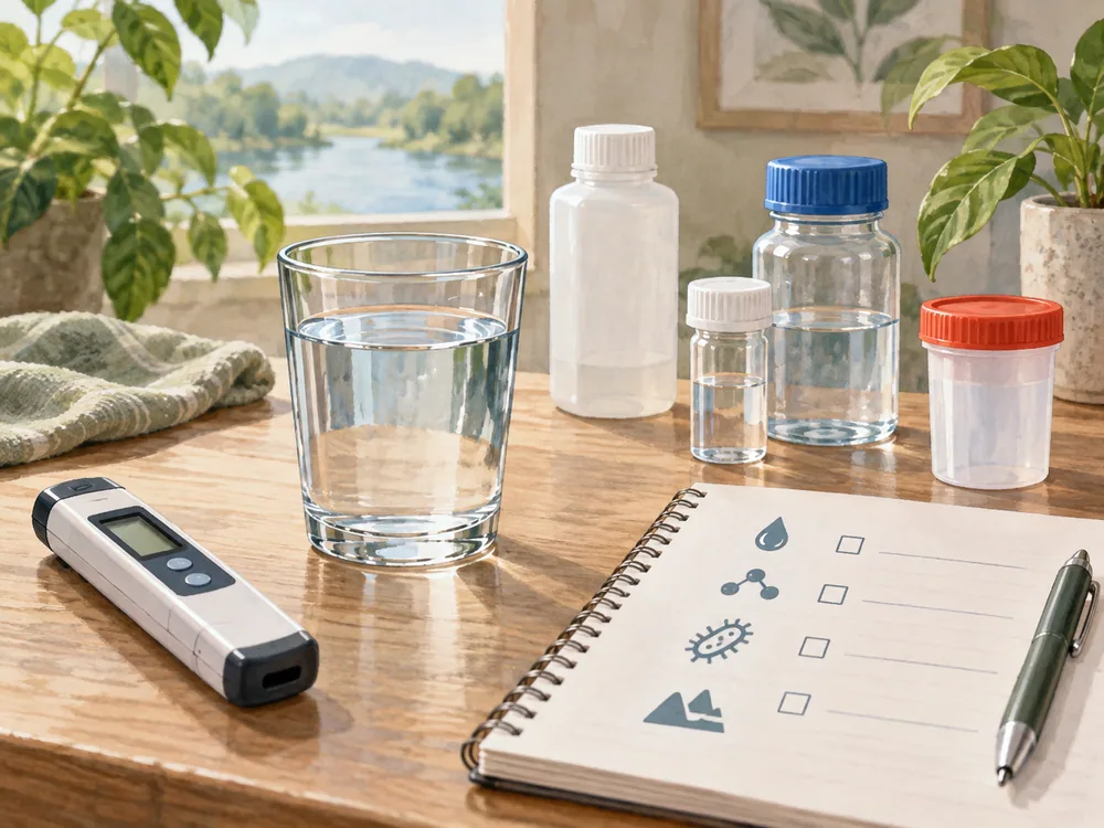 Illustration of a drinking glass beside separate laboratory sample containers and a plain checklist.