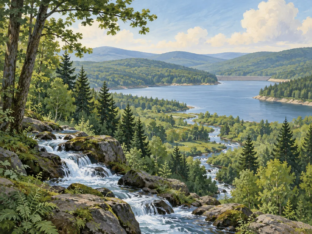 Conceptual wooded watershed with streams winding toward a reservoir in a simplified illustrated landscape.