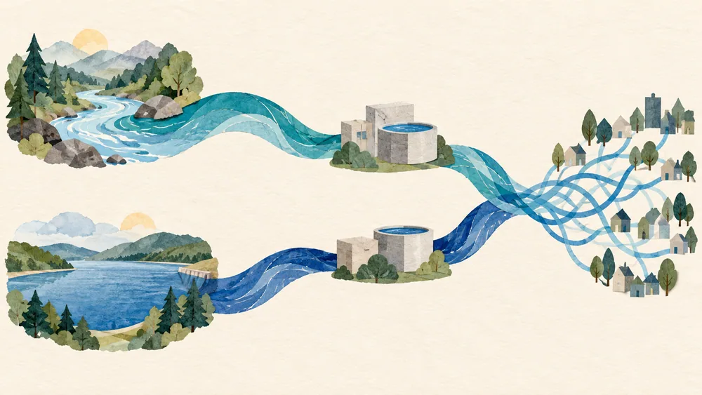 Two symbolic water ribbons pass anonymous treatment shapes and join a loose network.