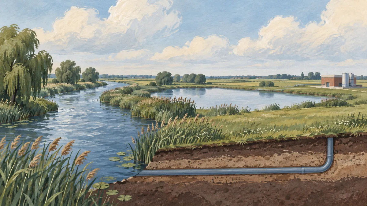A fictional lowland river, storage basin and distant treatment building.