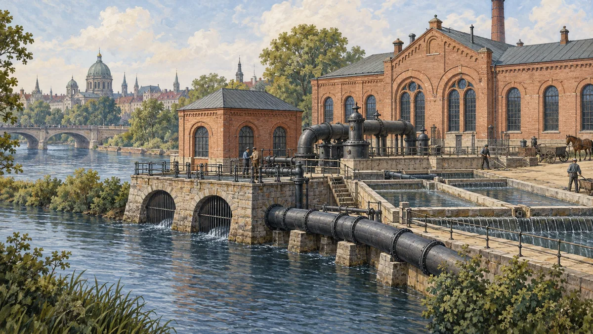 Historical illustration of brick waterworks beside a river, with exposed pipes in a generic European city setting.