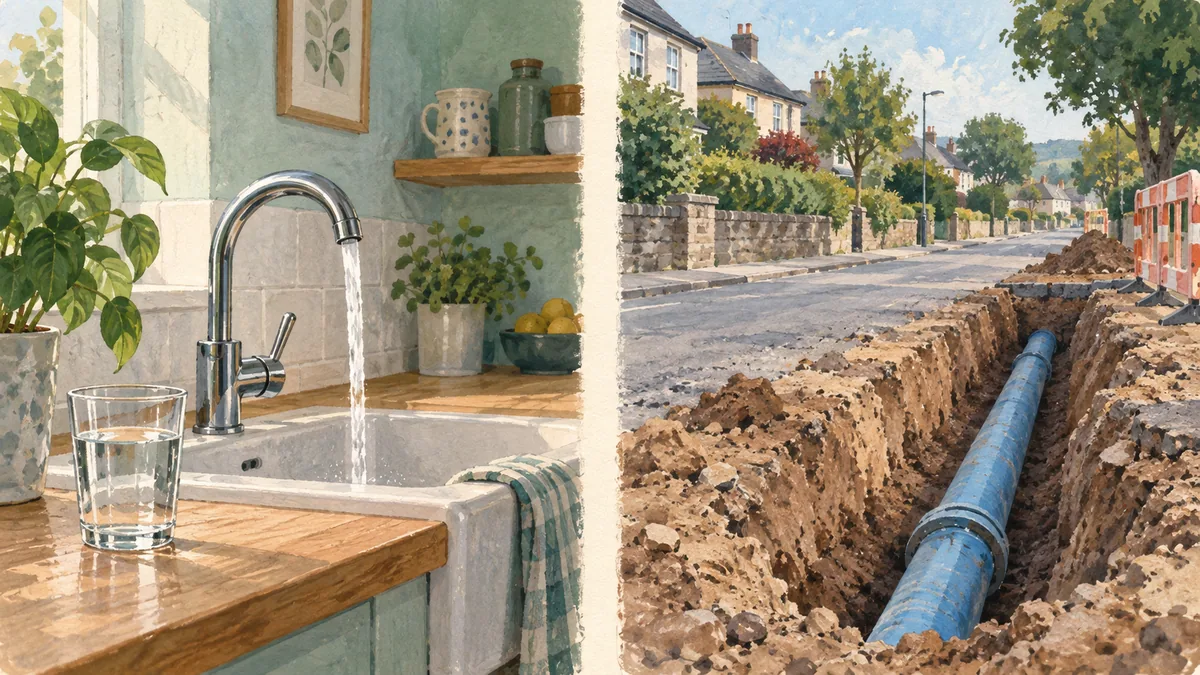 An imagined kitchen tap and a separate street trench containing a water pipe.