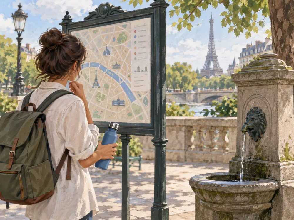Illustrated traveler holding a bottle while consulting a public street-map board near a Paris fountain.