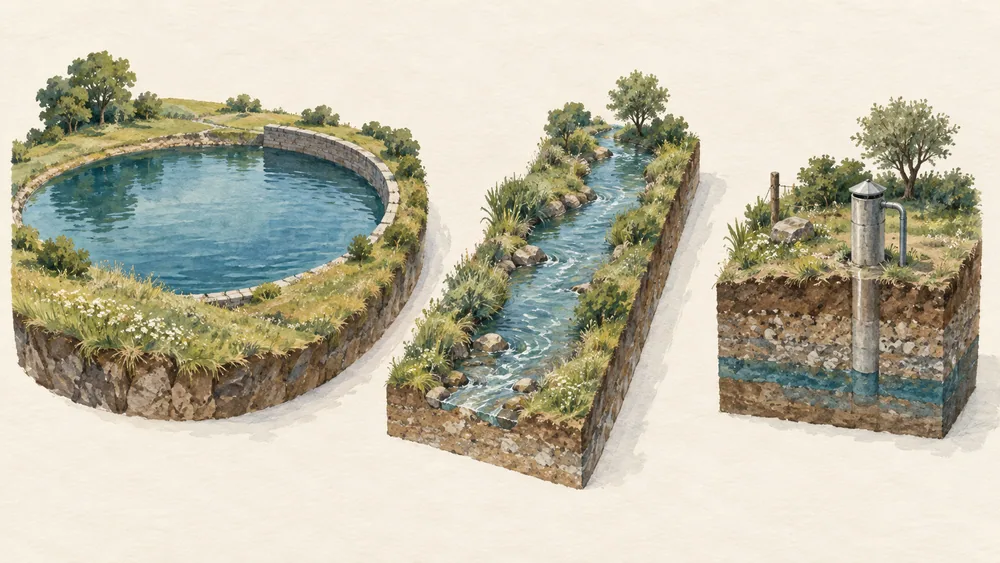 Separate models show a reservoir, a narrow watercourse and a generic groundwater borehole.