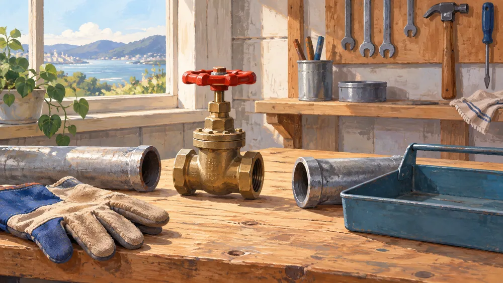 Detached water valve, two pipe sections, work gloves and empty tool tray on a workshop bench.