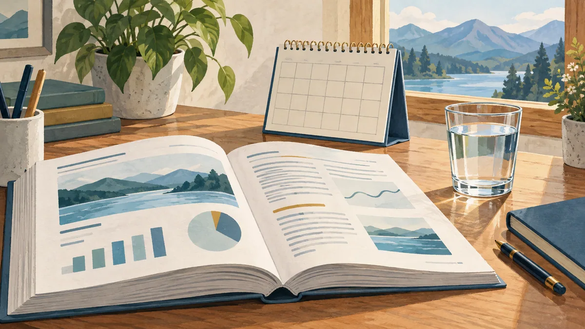 Generated illustration of an annual report, a separate calendar and a glass on a desk.
