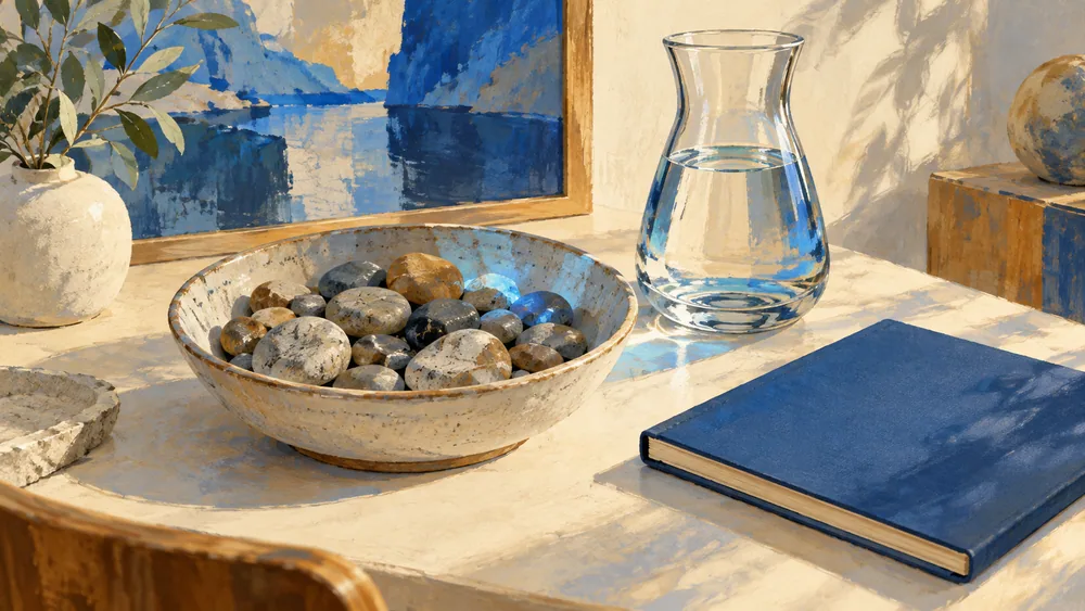 Rounded stones in a ceramic bowl beside a clear carafe and blue notebook.