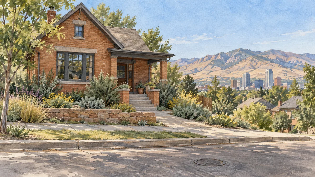 Watercolor brick house and a street cover beneath distant dry foothills.