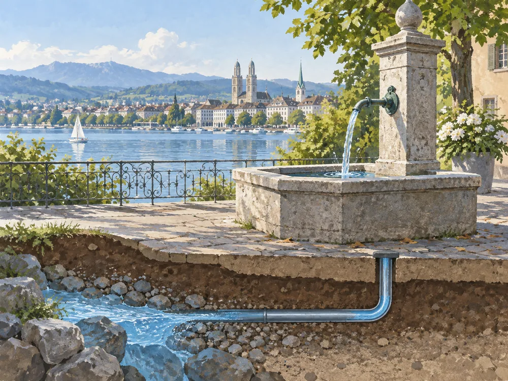 Conceptual cutaway of a stone public fountain and an underground pipe extending toward a spring.