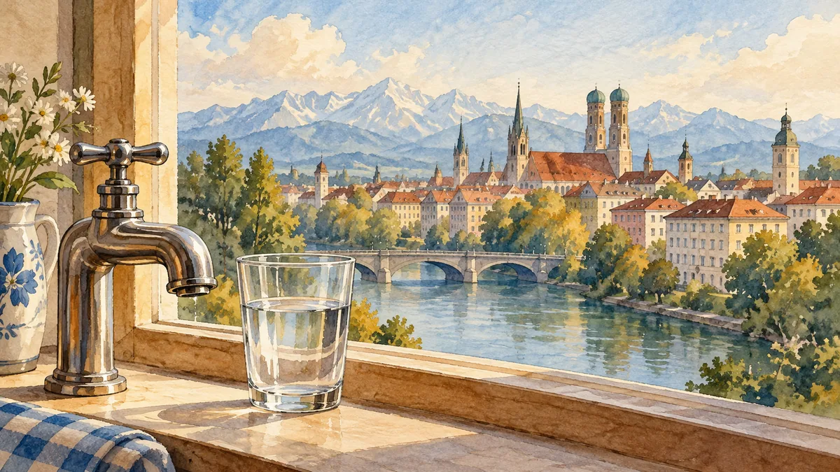 Painted rooftops and a river beyond a tap on a window ledge.